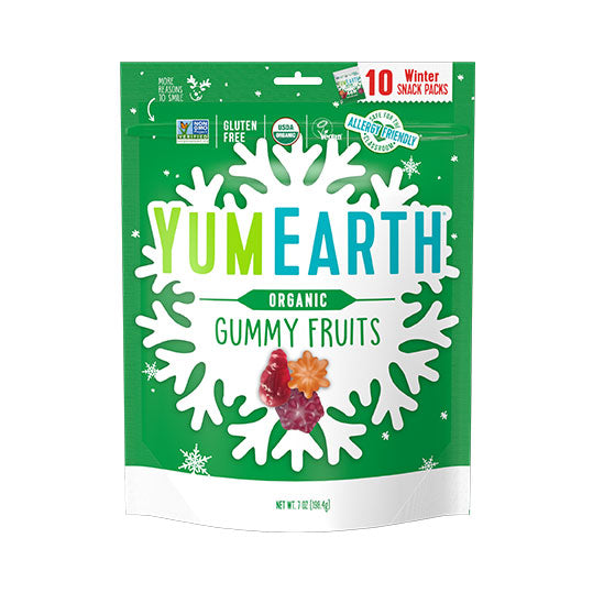 198 gram green and white bag of Yum Earth Holiday Gummy Fruits