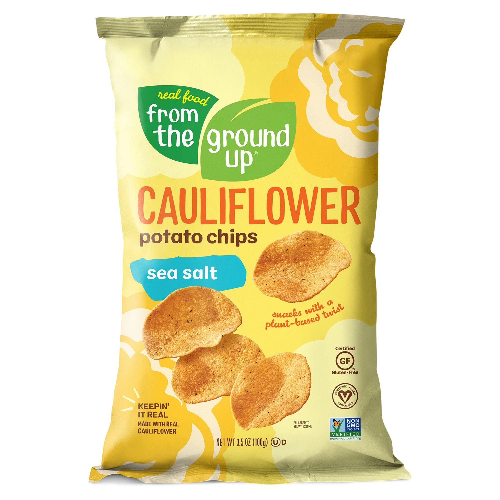 100 gram yellow and blue bag of From The Ground Up Sea Salt Chips
