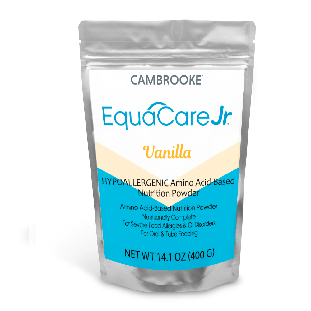 Cambrooke EquaCare Jr. Vanilla. Blue, cream and white packaging, 400g.