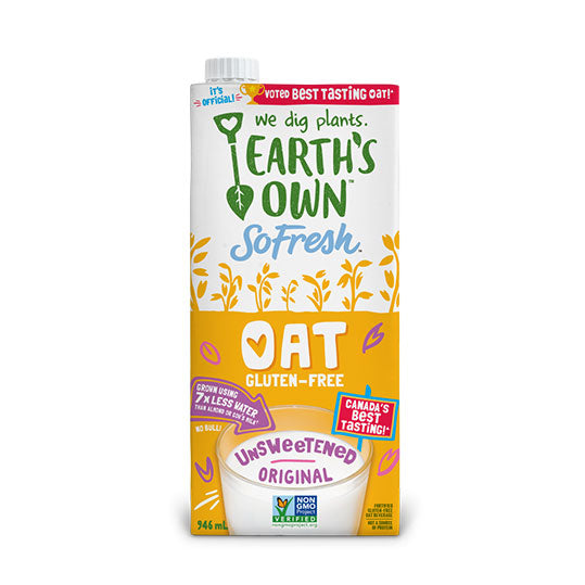 946 mL yellow white and purple carton of Earth's Own Oat Milk Unsweetened Original