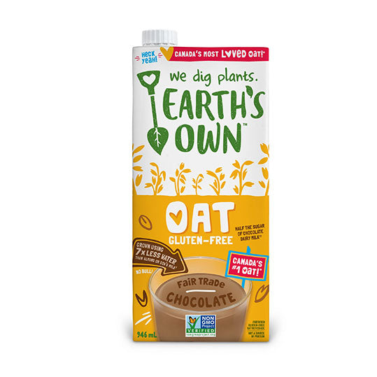 946 mL yellow white and brown carton of Earth's Own Oat Milk Chocolate