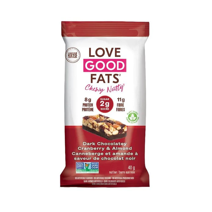 40 gram red and white single packet of Good Fats Chocolate Cranberry Almond Bar