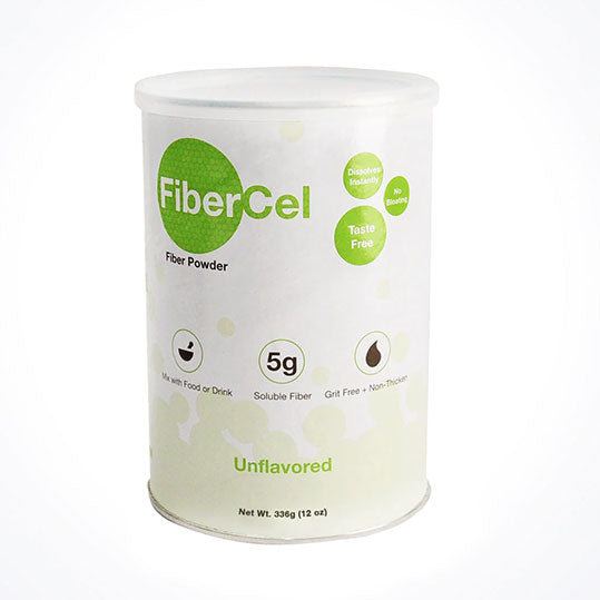 Green and white 336 gram can of Fibercel, fiber powder