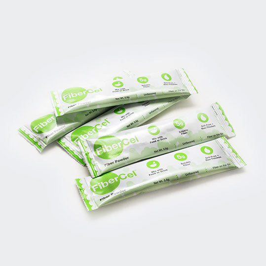 Green & white 5.6 gram Fibercel fiber powder packets
