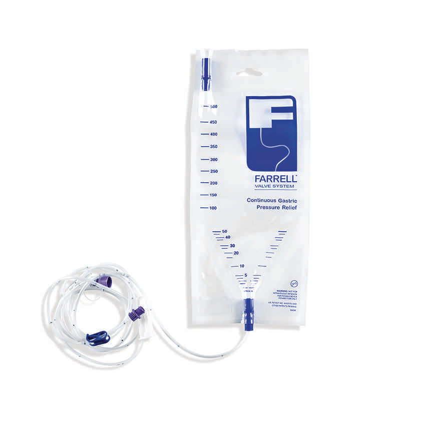 Farrell valve closed enteral decompression system with ENFIT connector.