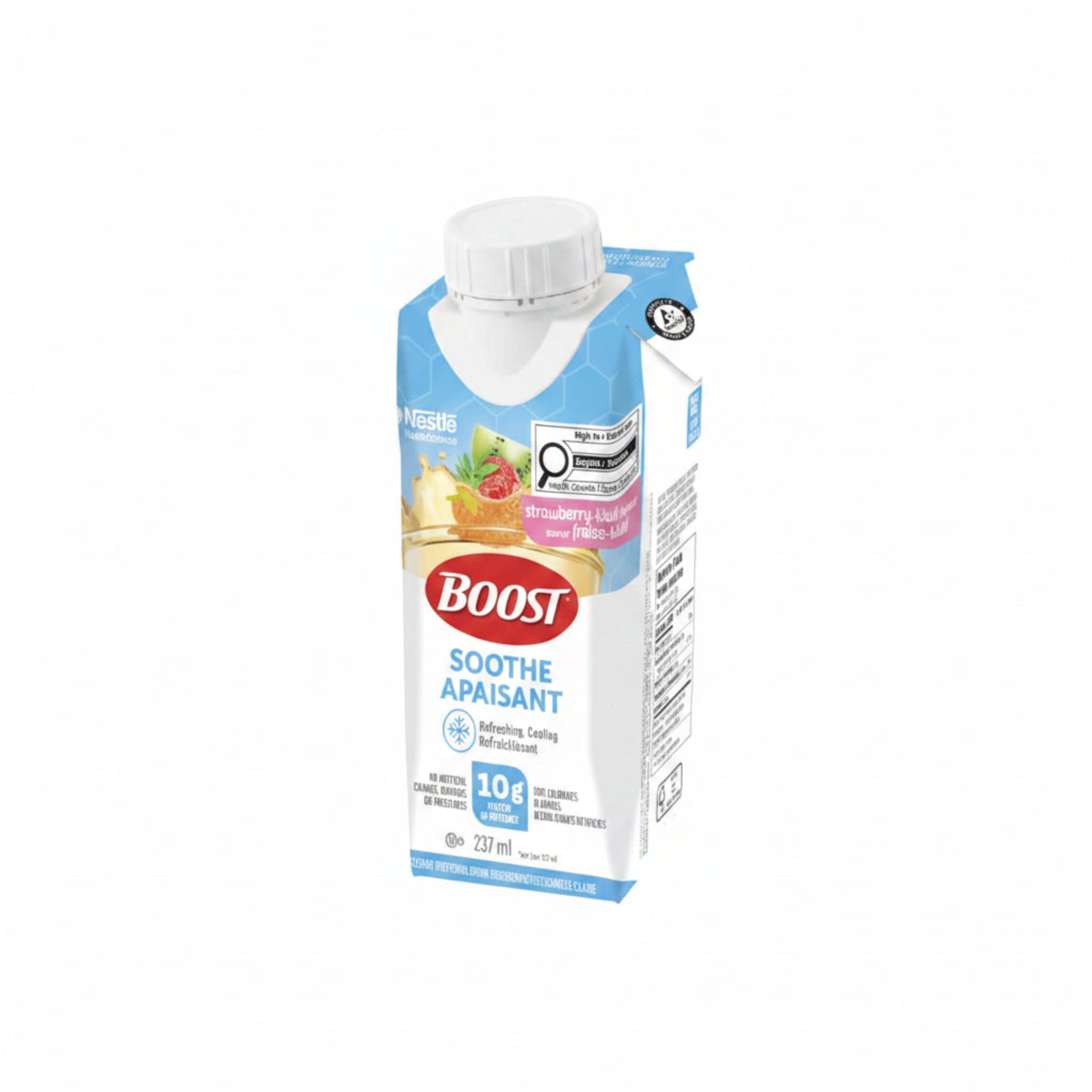 Boost Soothe drink container with Nestle logo on a white background