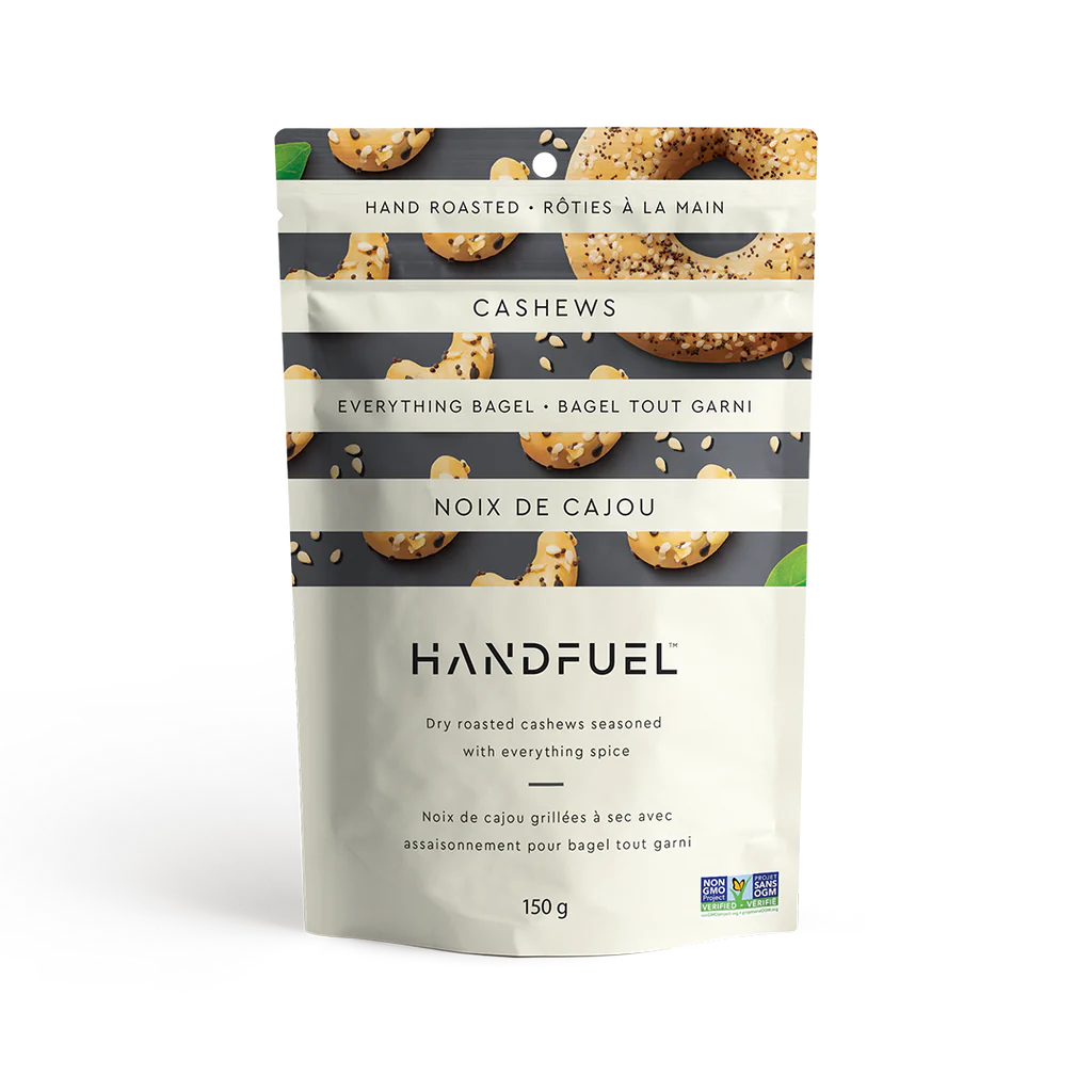 150 gram gray and white bag of Handfuel Everything Cashews