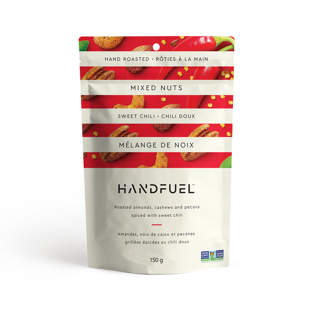 150 gram red and white bag of Handfuel Sweet Chili Mixed Nuts