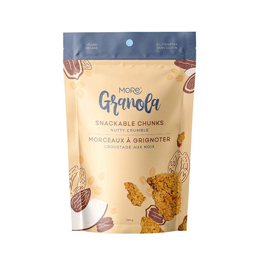 250 gram beige and blue bag of More Granola Nutty Crumble