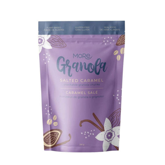 250 gram purple and blue bag of More Granola Salted Caramel