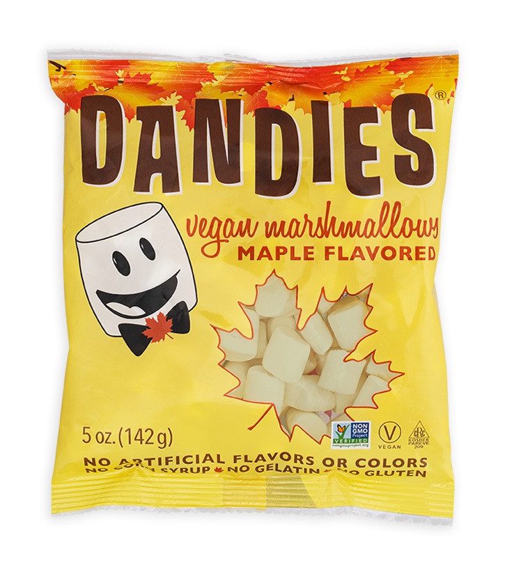 142 gram yellow and orange bag of Dandies Maple Marshmallows