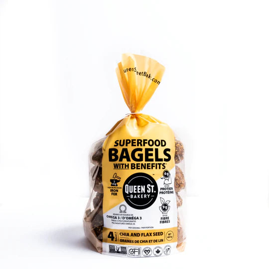 464 gram yellow and white bag of Queen St Chia & Flax Bagel