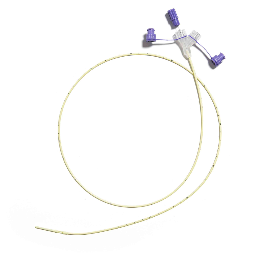 N/G Tube with yellow wire and ENFIT purple connection.