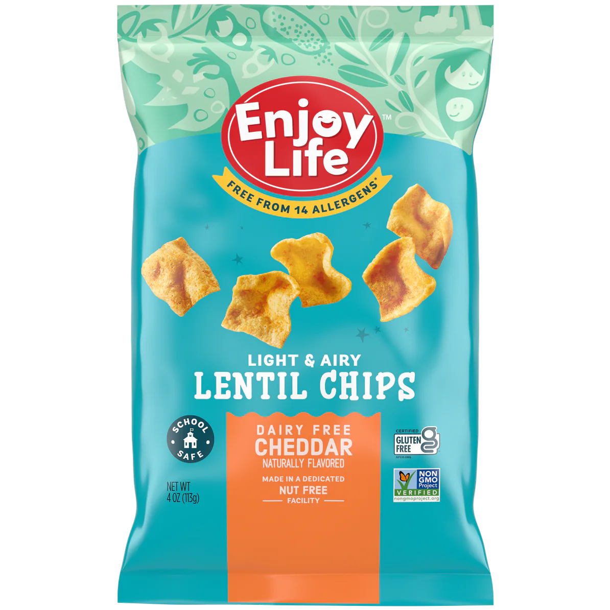 113 gram orange and green bag of Enjoy Life Cheddar Chips