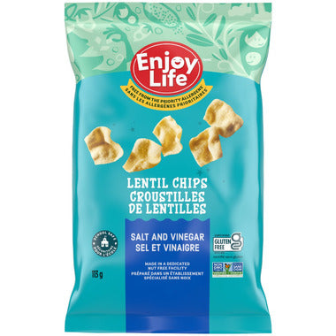 113 gram blue and green bag of Enjoy Life Salt & Vinegar Chips