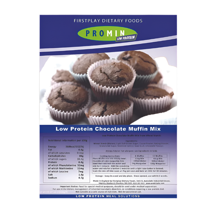 Blue package of Promin Chocolate Muffin Mix.