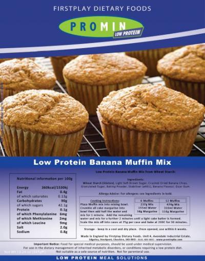 1000 gram blue brown and green package of Promin Banana Muffin Mix