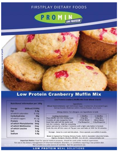 1000 gram blue brown red and green package of Promin Cranberry Muffin Mix