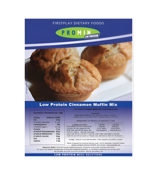 Blue package of Promin Cinnamon Muffin Mix.