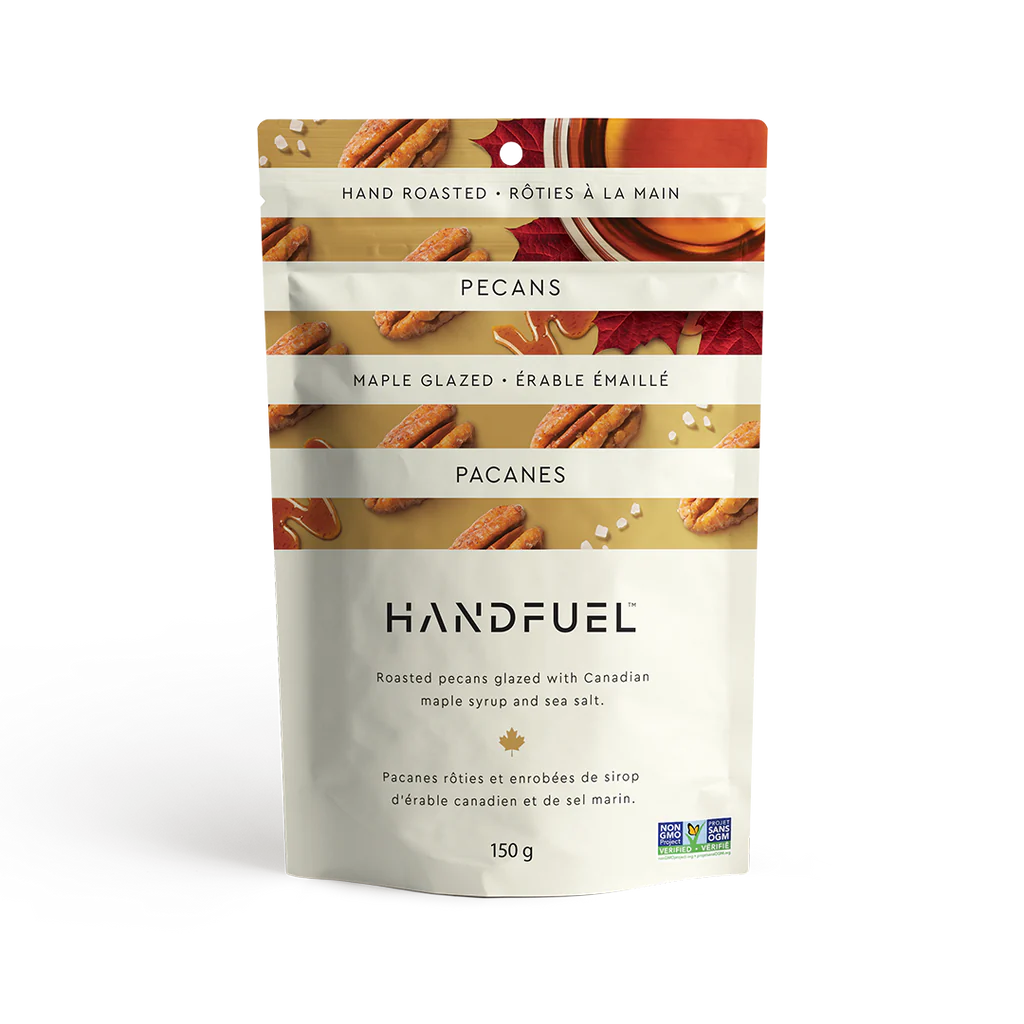 150 gram beige and brown bag of Handfuel Maple Pecans