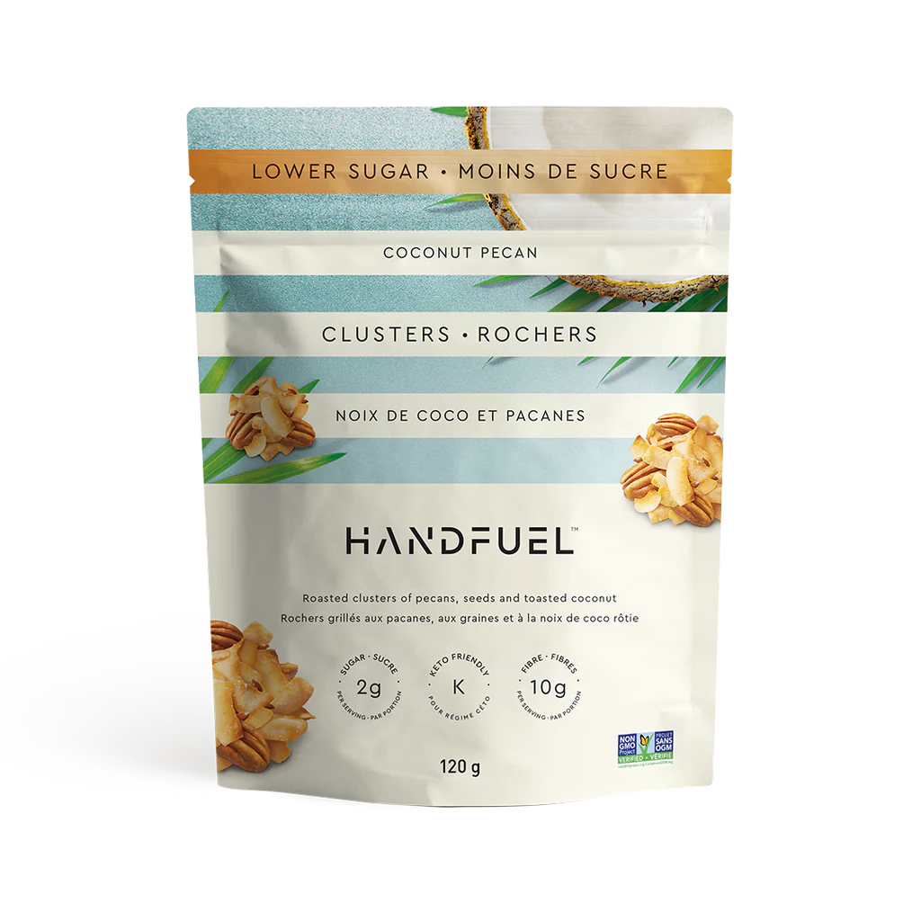 120 gram blue and white bag of Handfuel Coconut Pecan Clusters