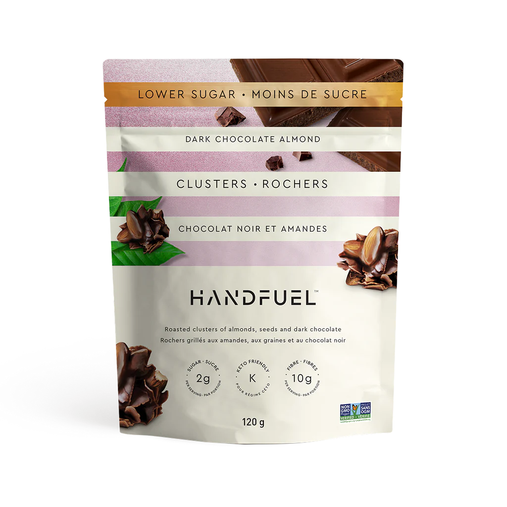 120 gram purple and white bag of Handfuel Dark Chocolate Almond Clusters