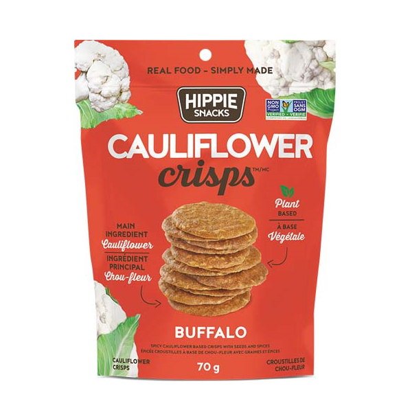 70 gram red bag of Hippie Cauliflower Buffalo Crisps