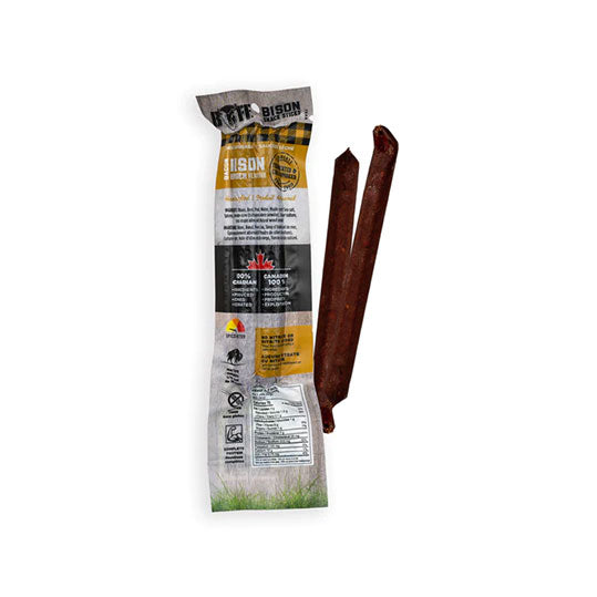 50 gram gray and yellow package of Buff Bison Bacon Burger Stick 2 pack