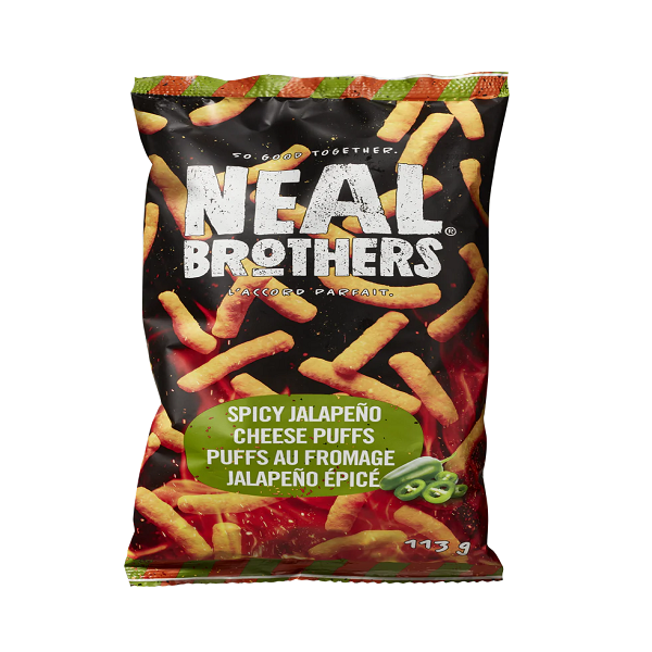 113 gram black red and green bag of Neal Brothers Spicy Cheese Puffs