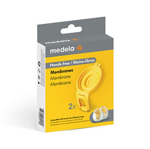 Medela Hands-Free membrane box, white and yellow packaging. 2 per pack.