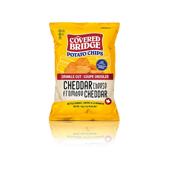 Yellow bag of Covered Bridge Crinkle Cut Cheddar Cheese (170g).