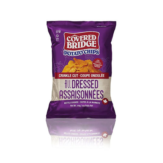 170 gram purple bag of Covered Bridge Crinkle Cut All Dressed (170g)