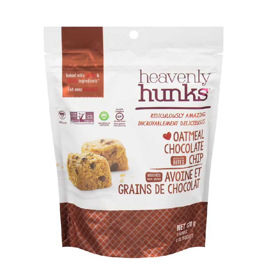 White and brown 200 gram package of Oatmeal Chocolate Chip flavoured Heavenly Hunks.
