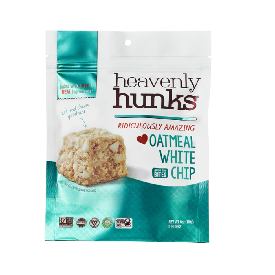 White and teal 200 gram package of Oatmeal White Chip flavoured Heavenly Hunks.