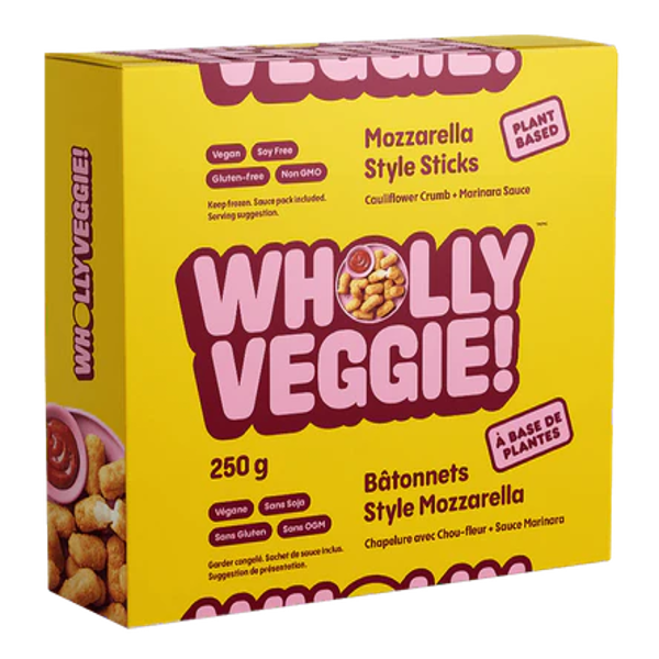 250 gram package of Wholly Veggie Mozzarella Sticks.