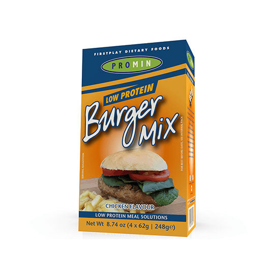 Orange & blue 250 gram package of Promin Chicken Burger Mix.