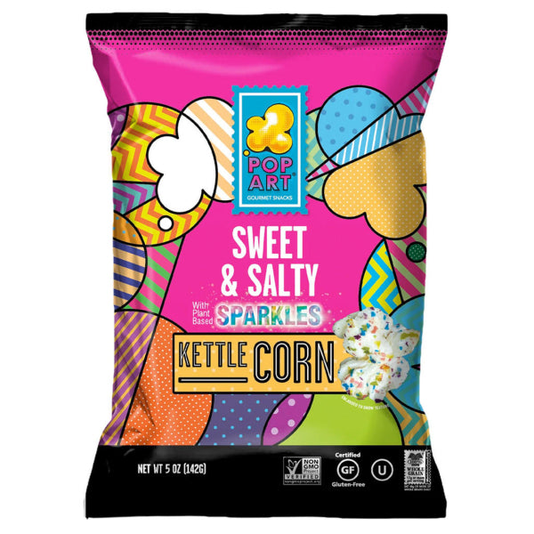 142 gram bag of PopArt Sweet & Salty Popcorn.