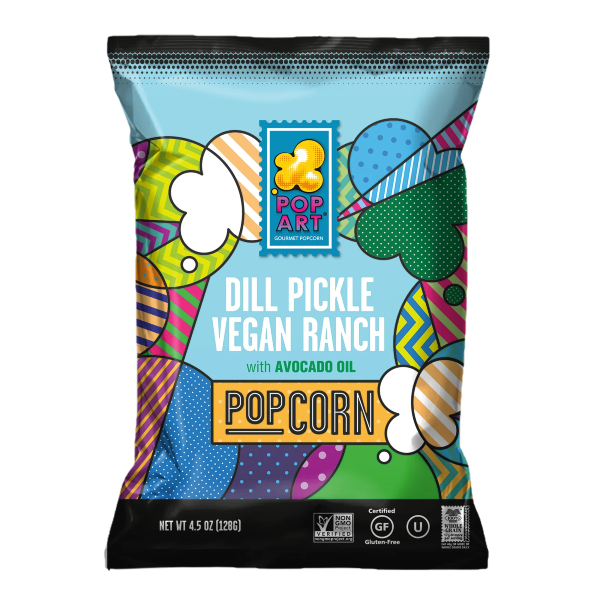 142 gram bag of PopArt Dill Pickle Popcorn.