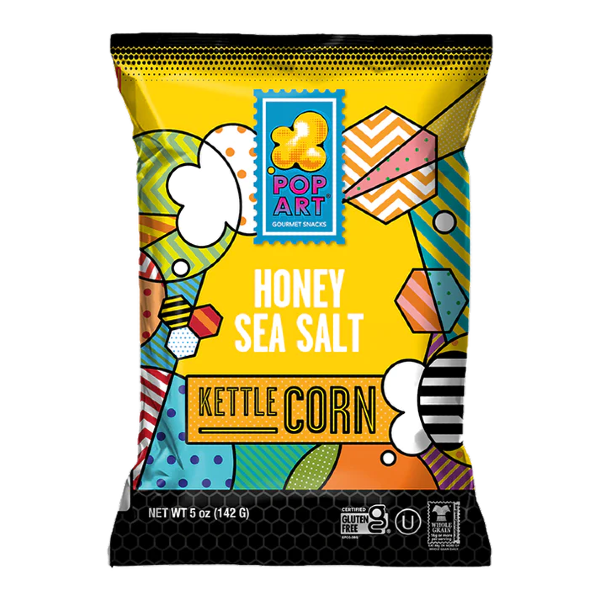 142 gram bag of PopArt Honey Sea Salt Popcorn.