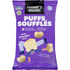 Purple package of Frankie's Organic White Cheddar Puffs.