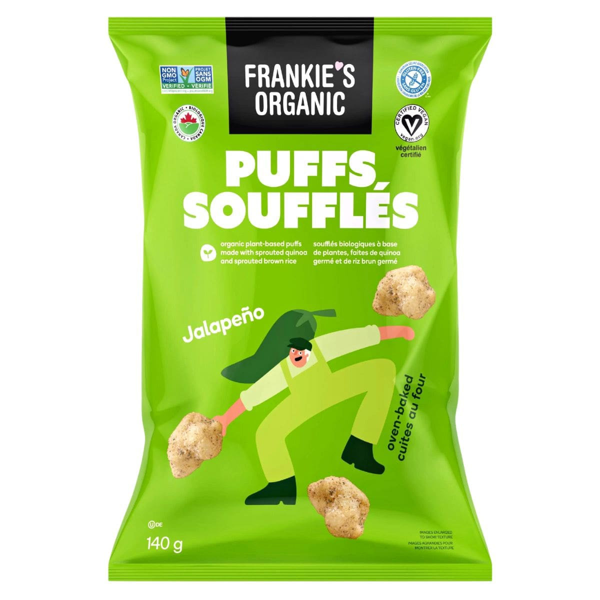 Lime green package of Frankie's Organic Jalapeno Puffs.
