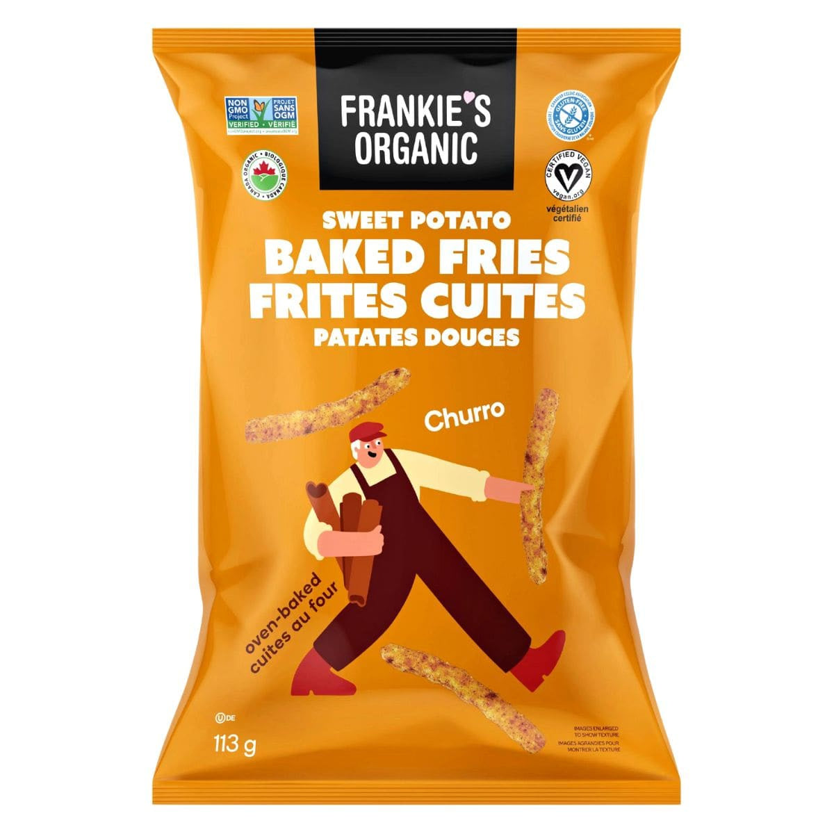 Orange package of Frankie's Organic Sweet Potato Churro Baked Fries.