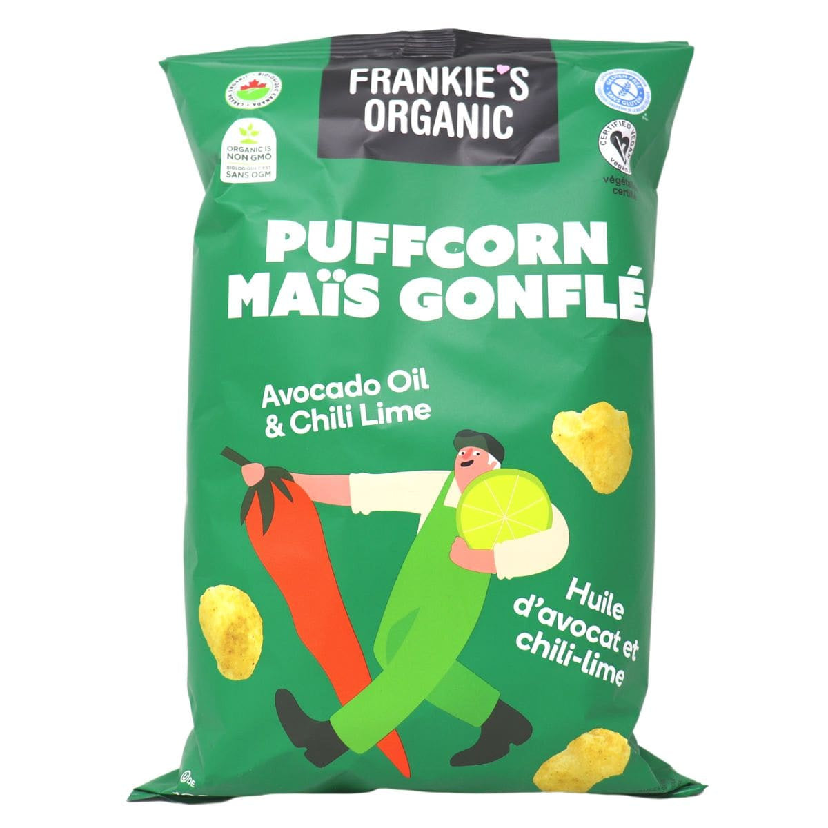 Green package of Frankie's Organic Avocado Oil & Chili Lime Puffcorn.