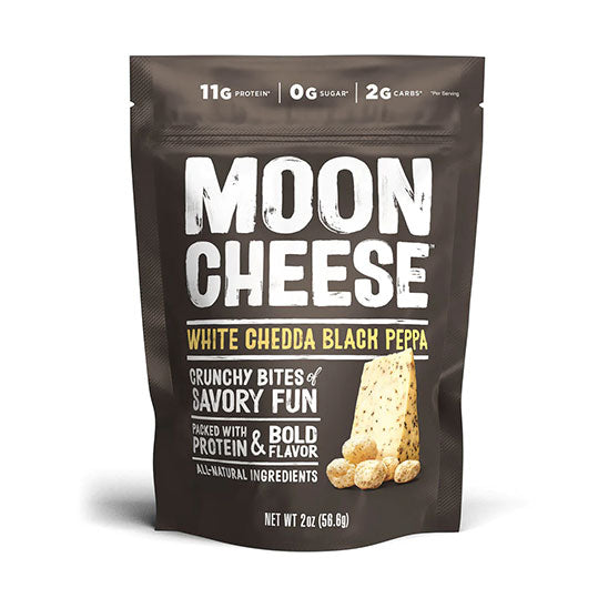 57 gram package of White Cheddar & Black Pepper Moon Cheese.