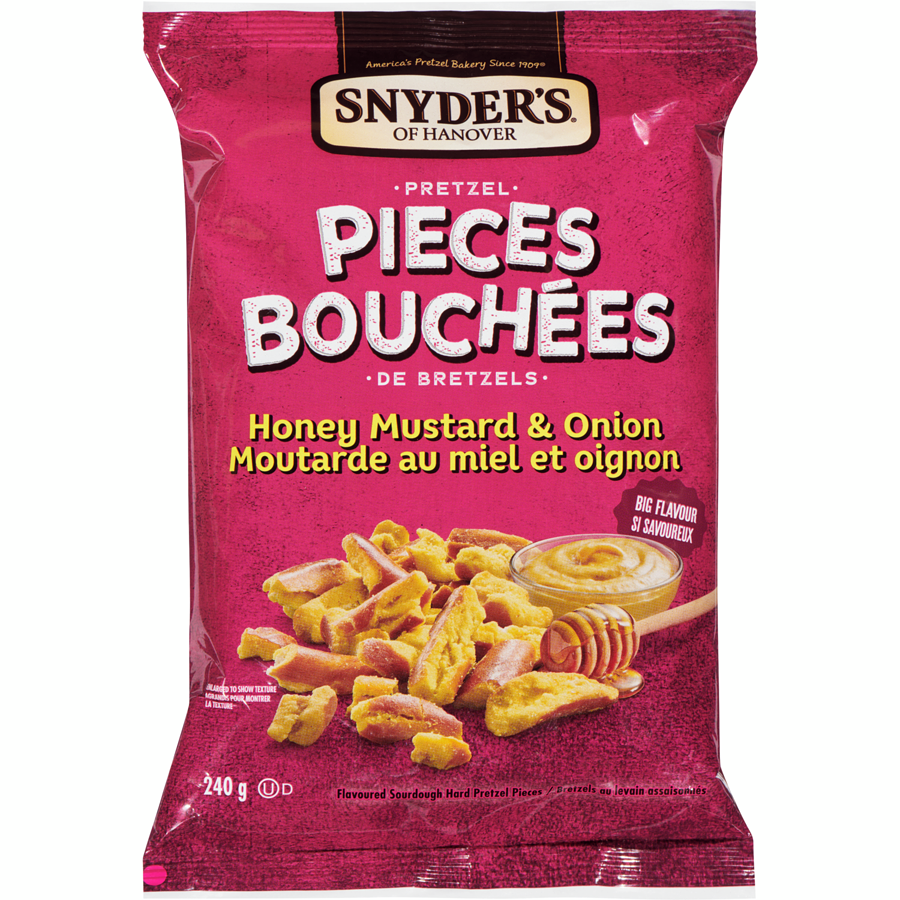 Snyder's sourdough hard pretzel Honey mustard nd onion pieces. 240g in pink packaging.