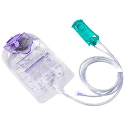 Purple and clear 500mL feeding bag with green cartridge ENFIT end. 