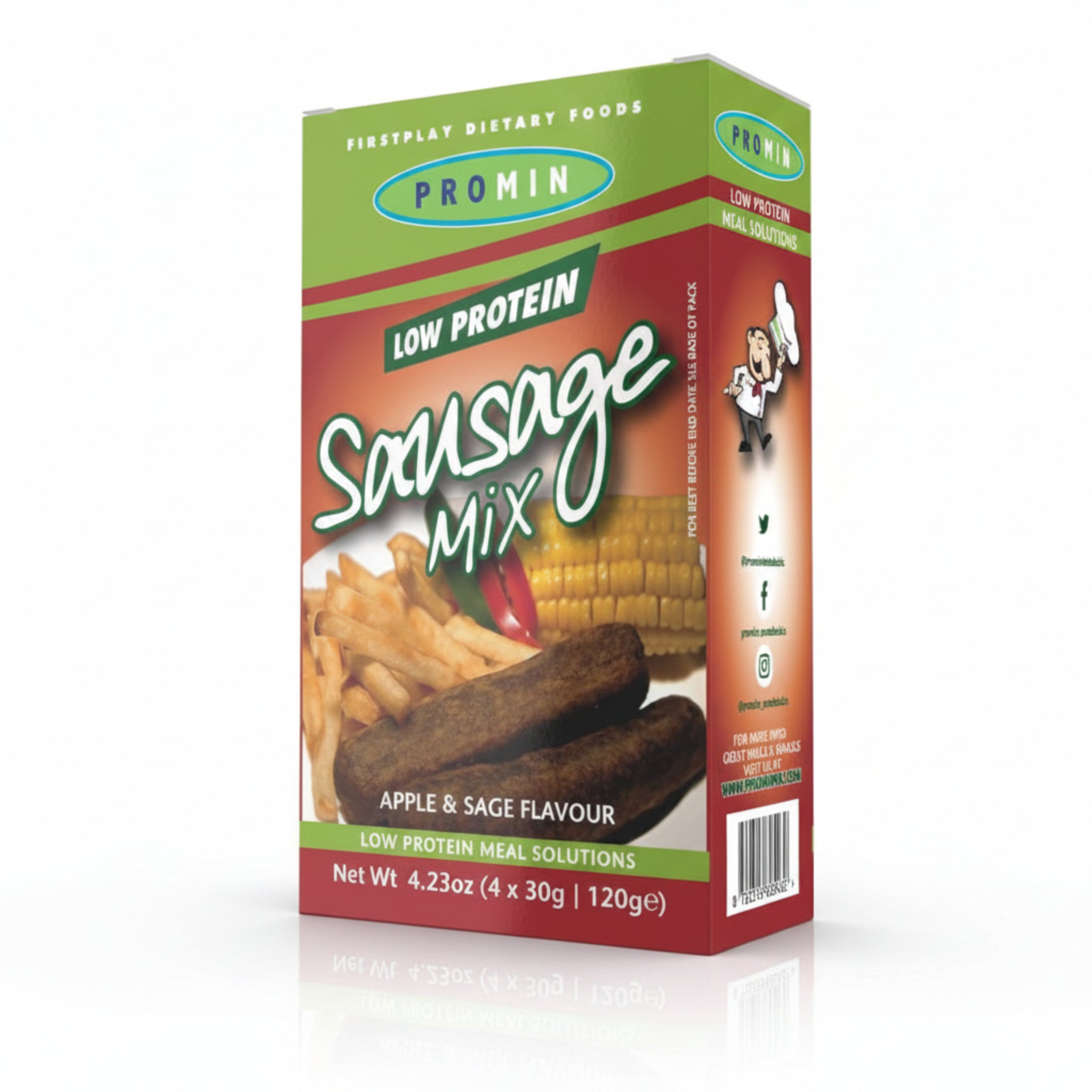 Box of Promin Low Protein Sausage Mix with apple and sage flavor on a white background