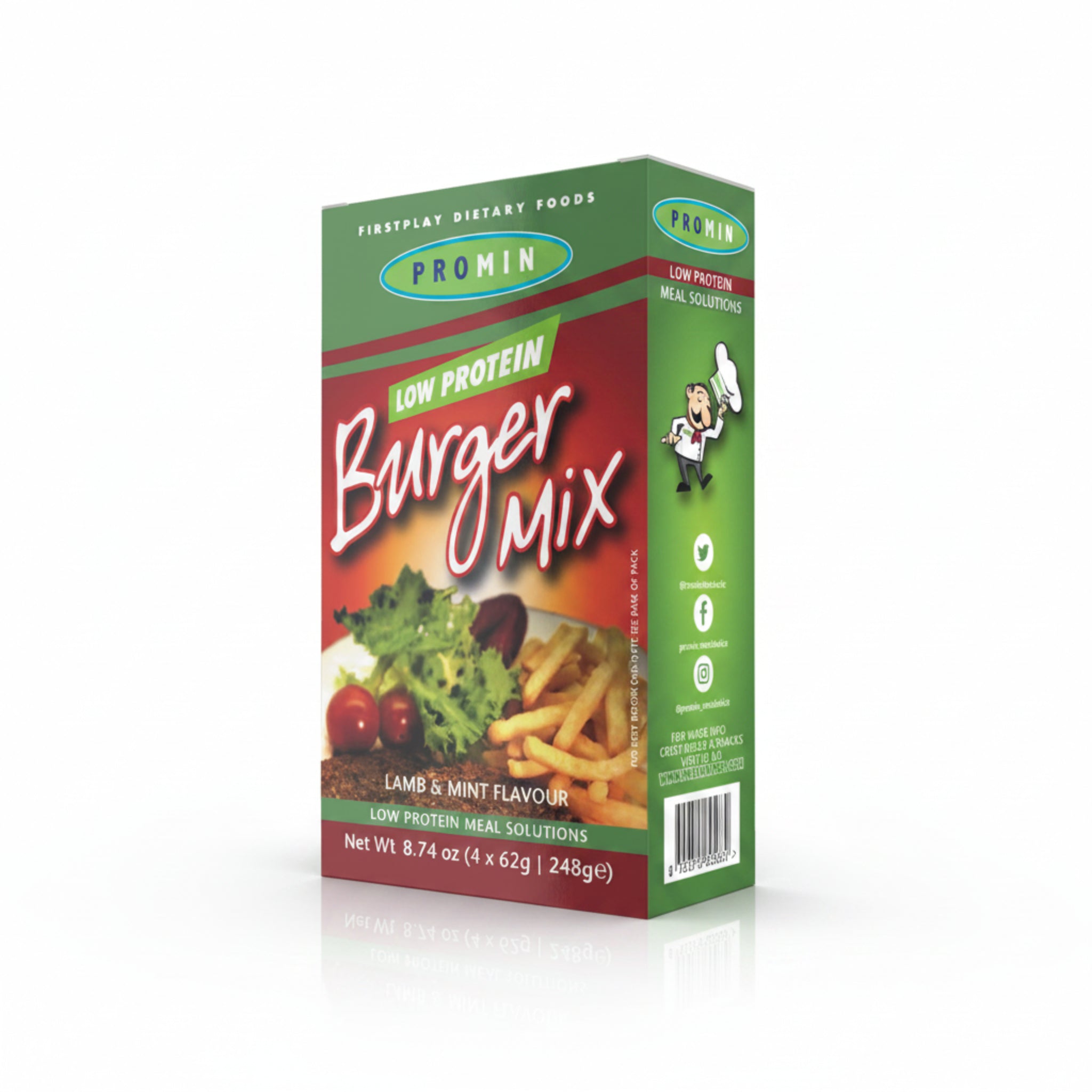 Box of Promin Low Protein Burger Mix on a white background