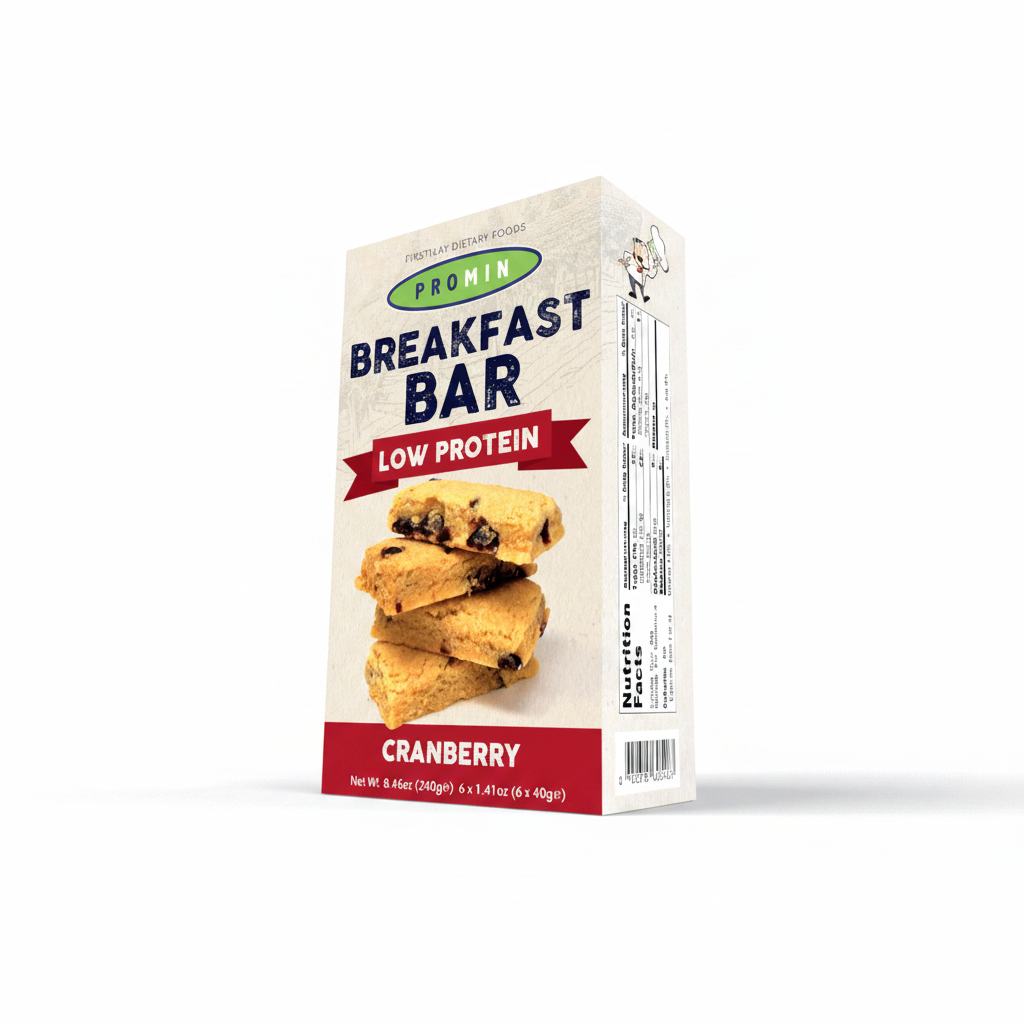 Promin cranberry breakfast bar package on white background.