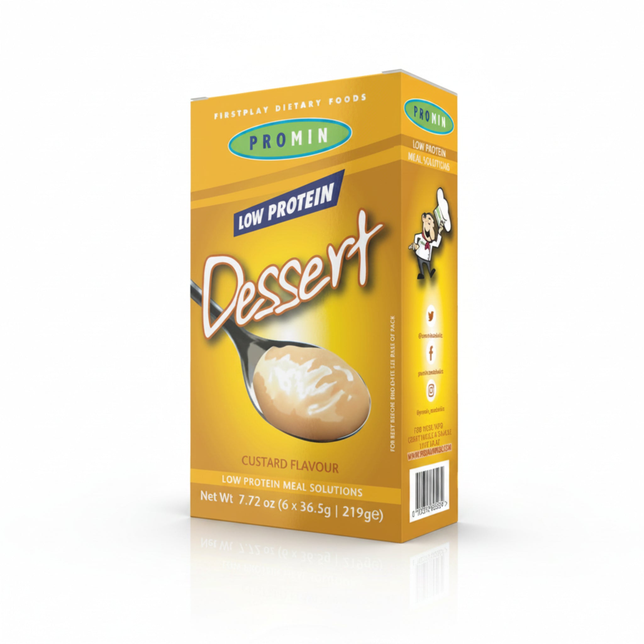 Promin Low Protein Dessert package with a spoonful of dessert on a white background